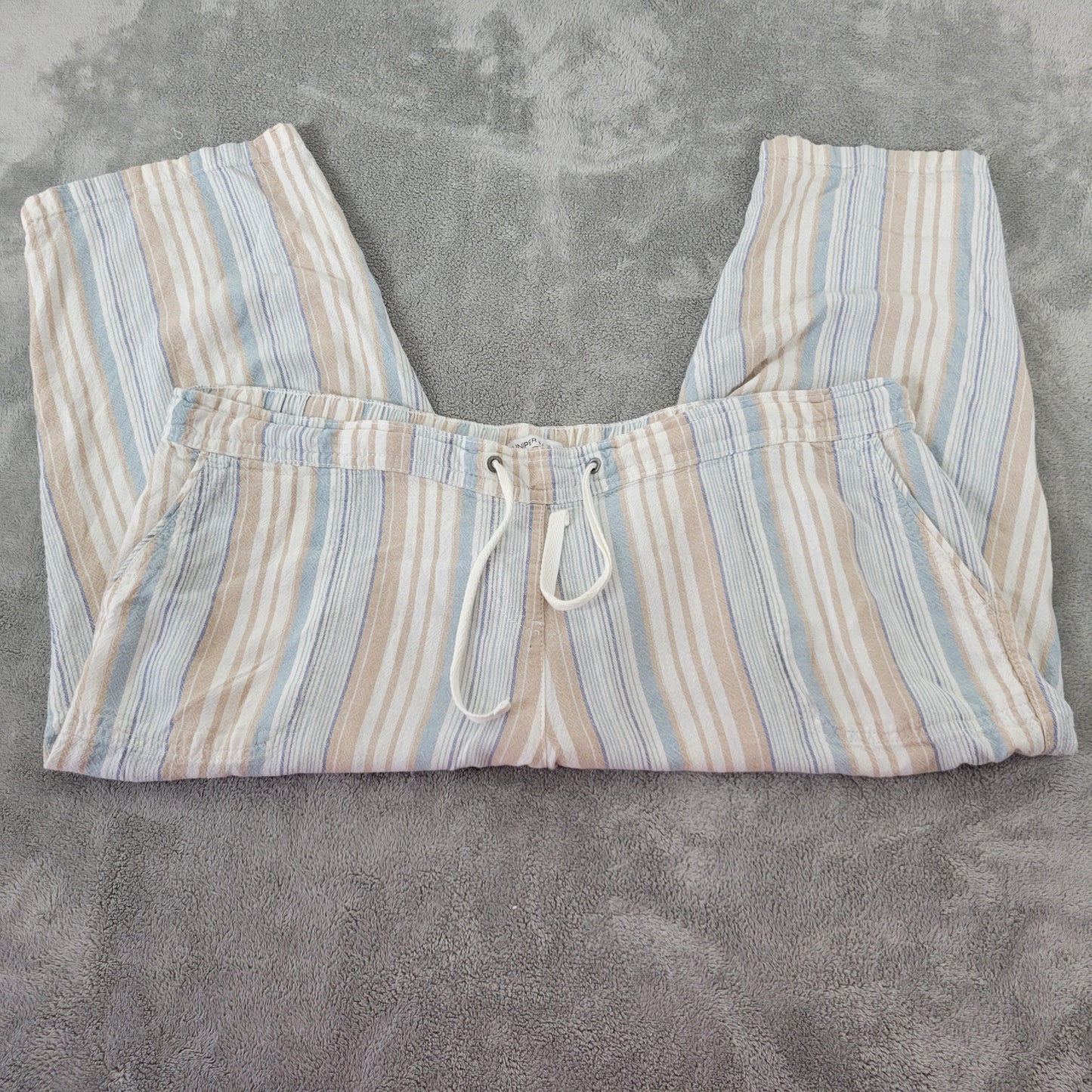 Juniper + Lime 1X Striped Capri Pants Blue Tan Linen Rayon Elastic Waist CAP38E
