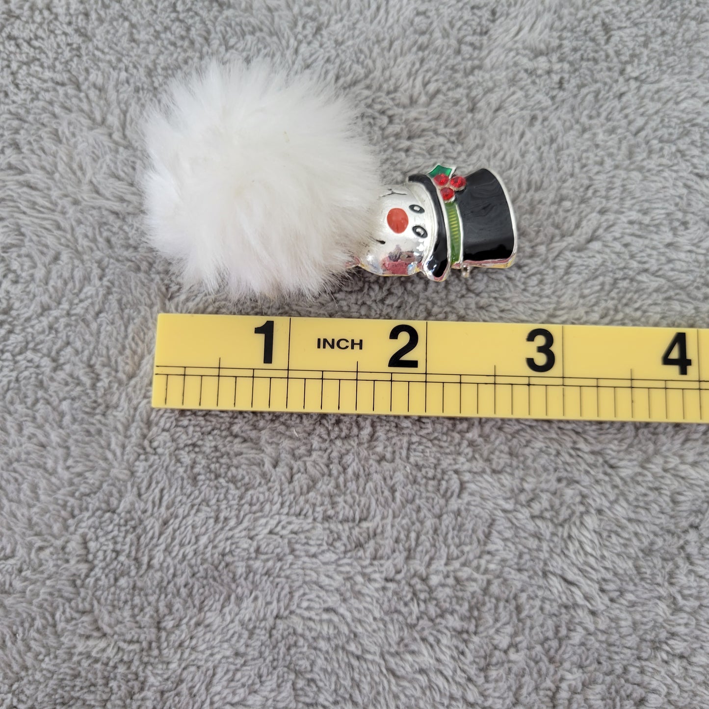 Snowman Christmas Pin Brooch Silver Tone White Pom Pom Faux Fur Holiday P3E
