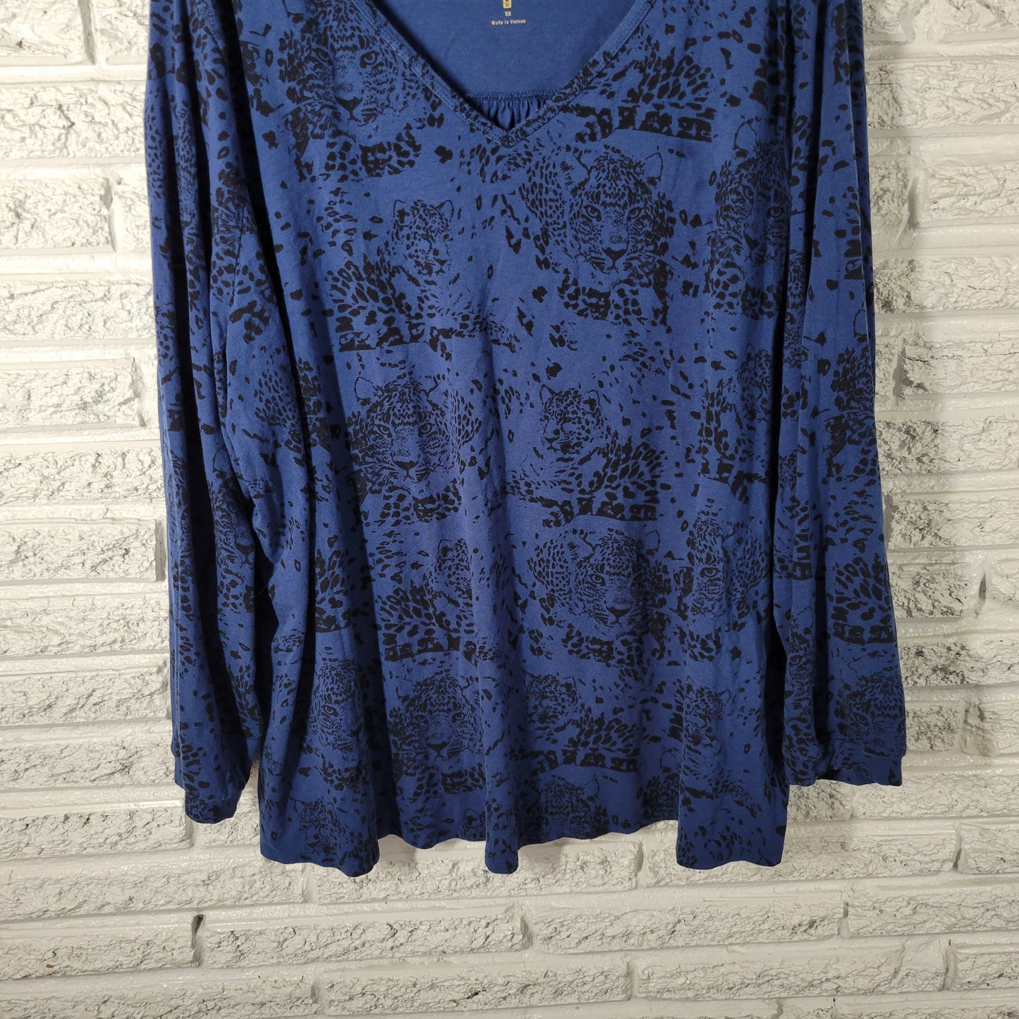 Belle Kim Gravel 3X Tunic Blue Cheetahs V-Neck Long Sleeve Plus Size BLU218E