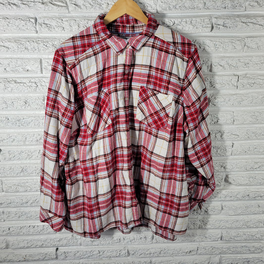 Croft & Barrow 3X Plaid Flannel Shirt Red Brown Cotton Button Up Top Plus PLA61E