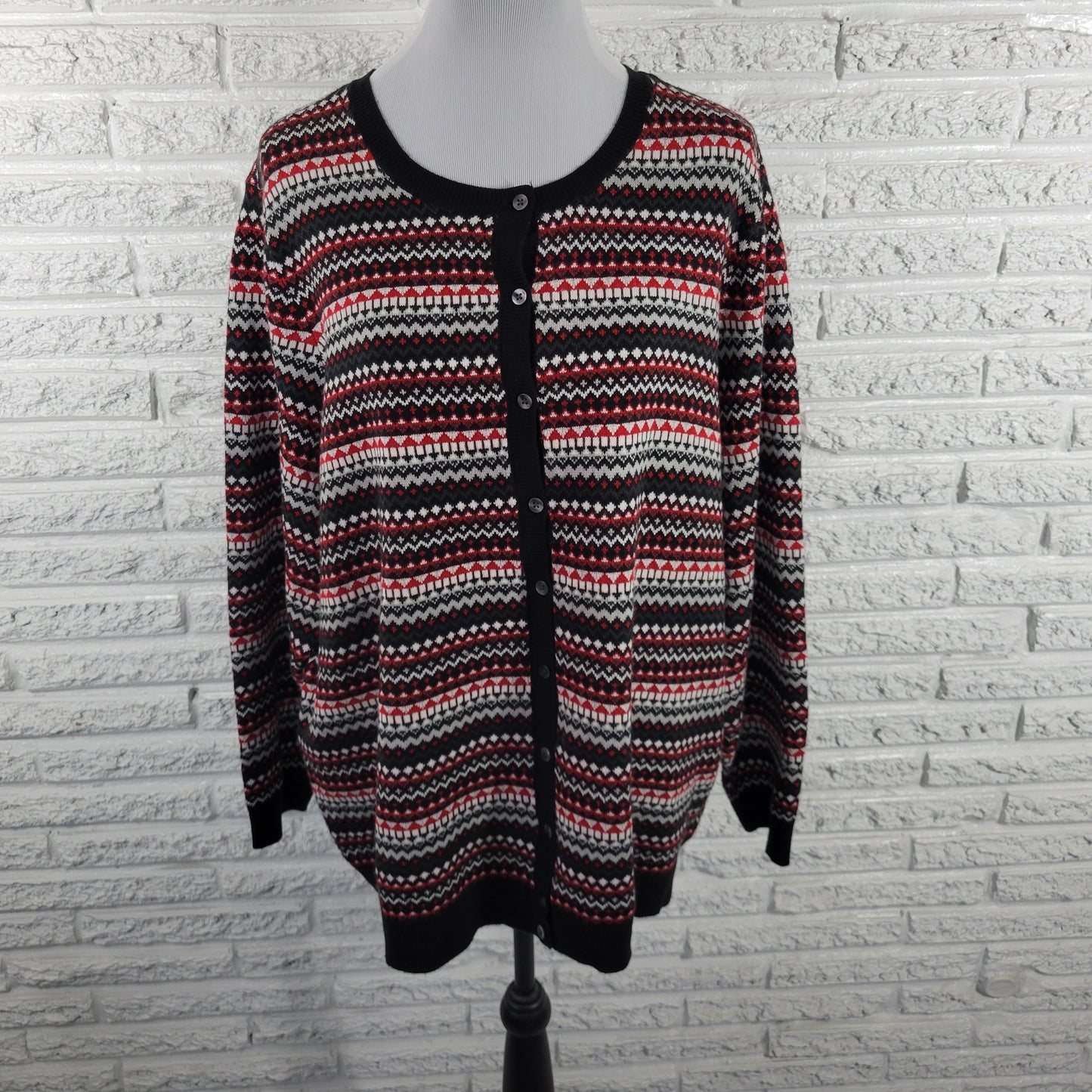 Croft & Barrow 2X Cardigan Sweater Black Red Geometric Knit Long Sleeve GEO115E
