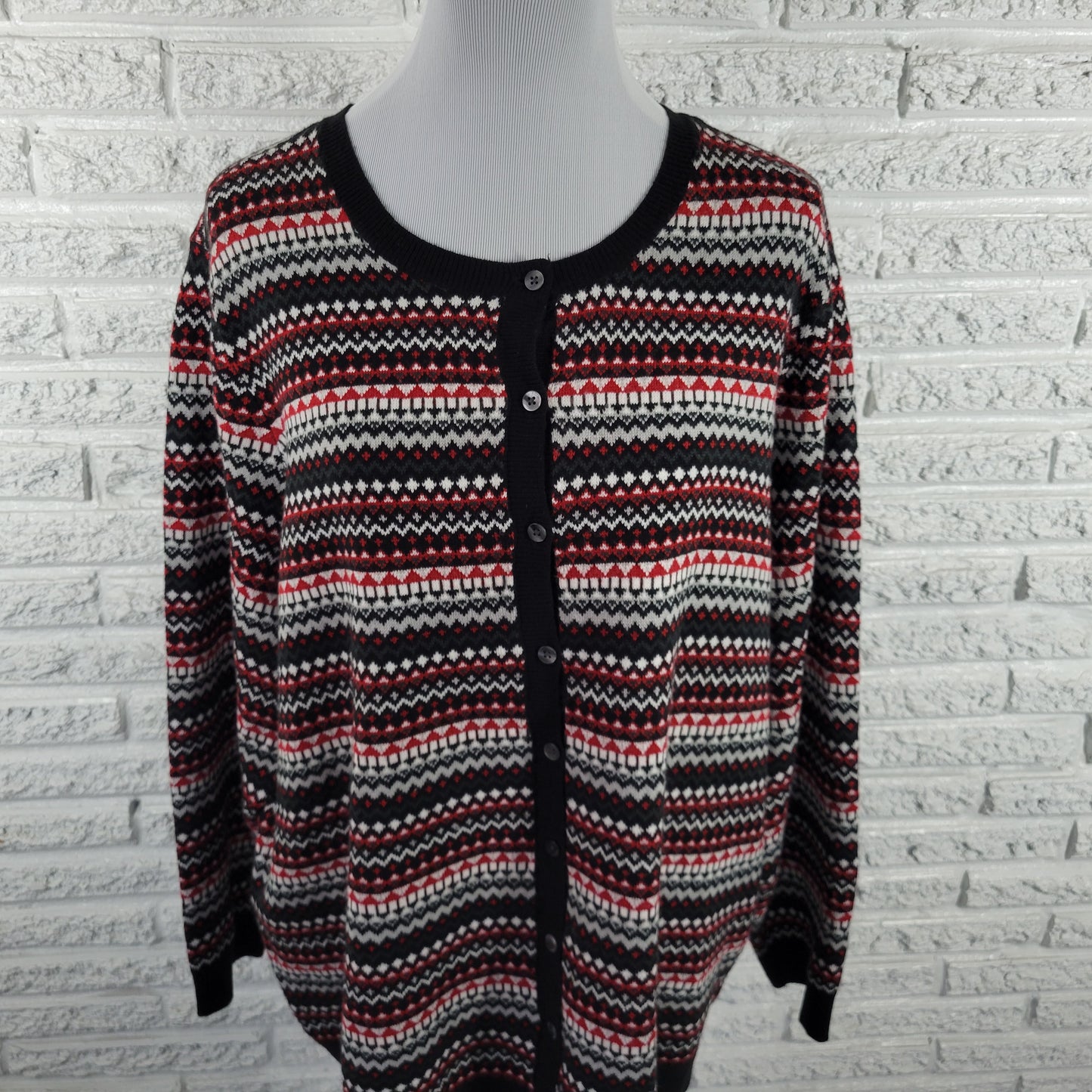 Croft & Barrow 2X Cardigan Sweater Black Red Geometric Knit Long Sleeve GEO115E