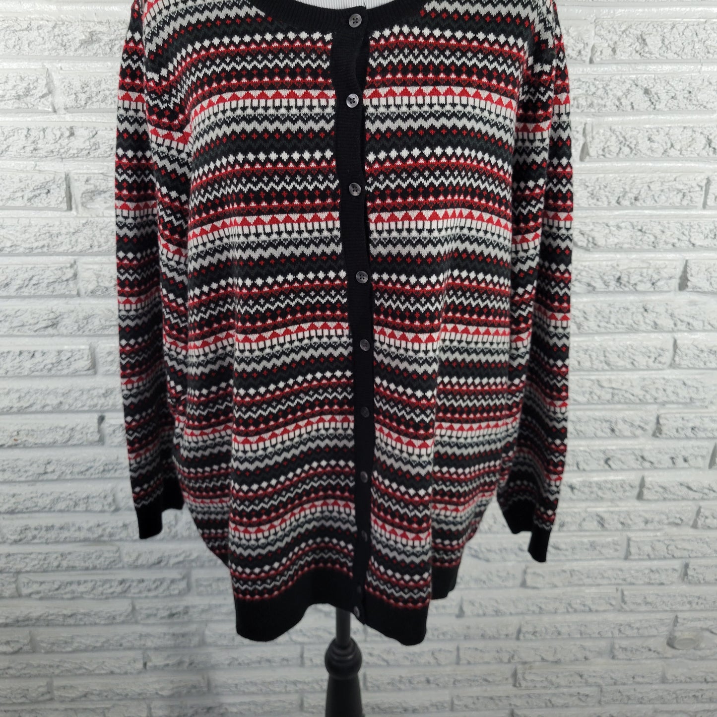 Croft & Barrow 2X Cardigan Sweater Black Red Geometric Knit Long Sleeve GEO115E