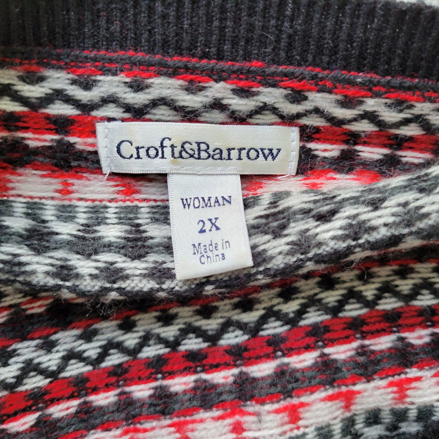 Croft & Barrow 2X Cardigan Sweater Black Red Geometric Knit Long Sleeve GEO115E