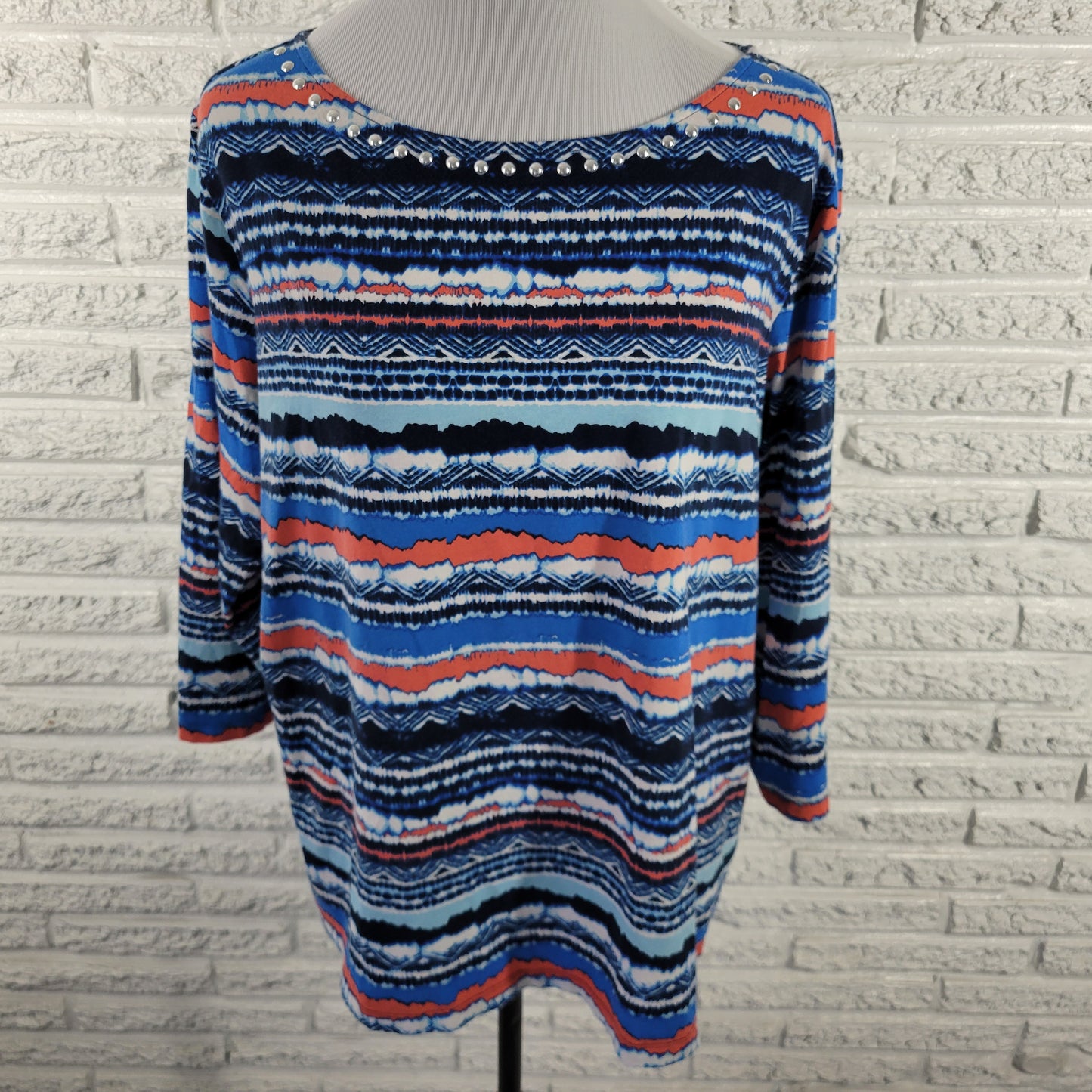 Ruby Rd Women's Tee 1X Blue Red Striped Studded 3/4 Sleeve Plus STR203E