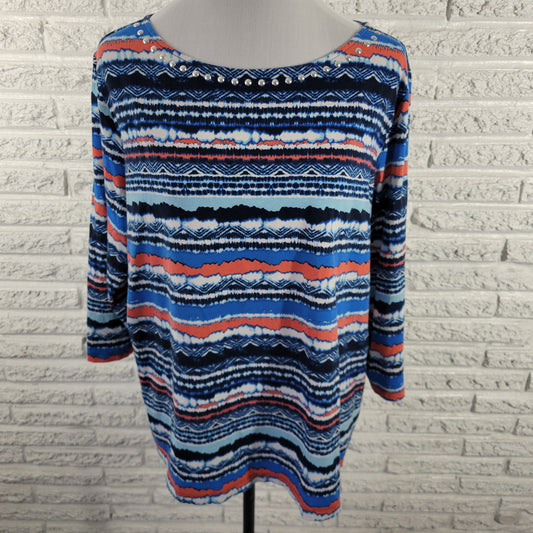 Ruby Rd Women's Tee 1X Blue Red Striped Studded 3/4 Sleeve Plus STR203E