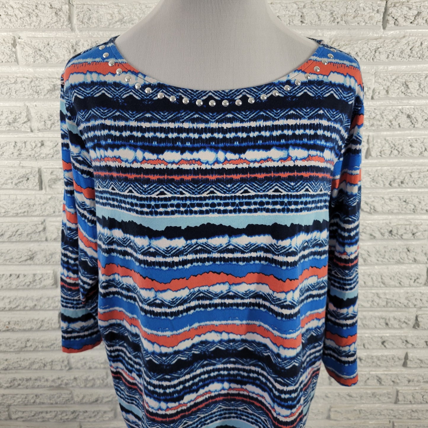 Ruby Rd Women's Tee 1X Blue Red Striped Studded 3/4 Sleeve Plus STR203E