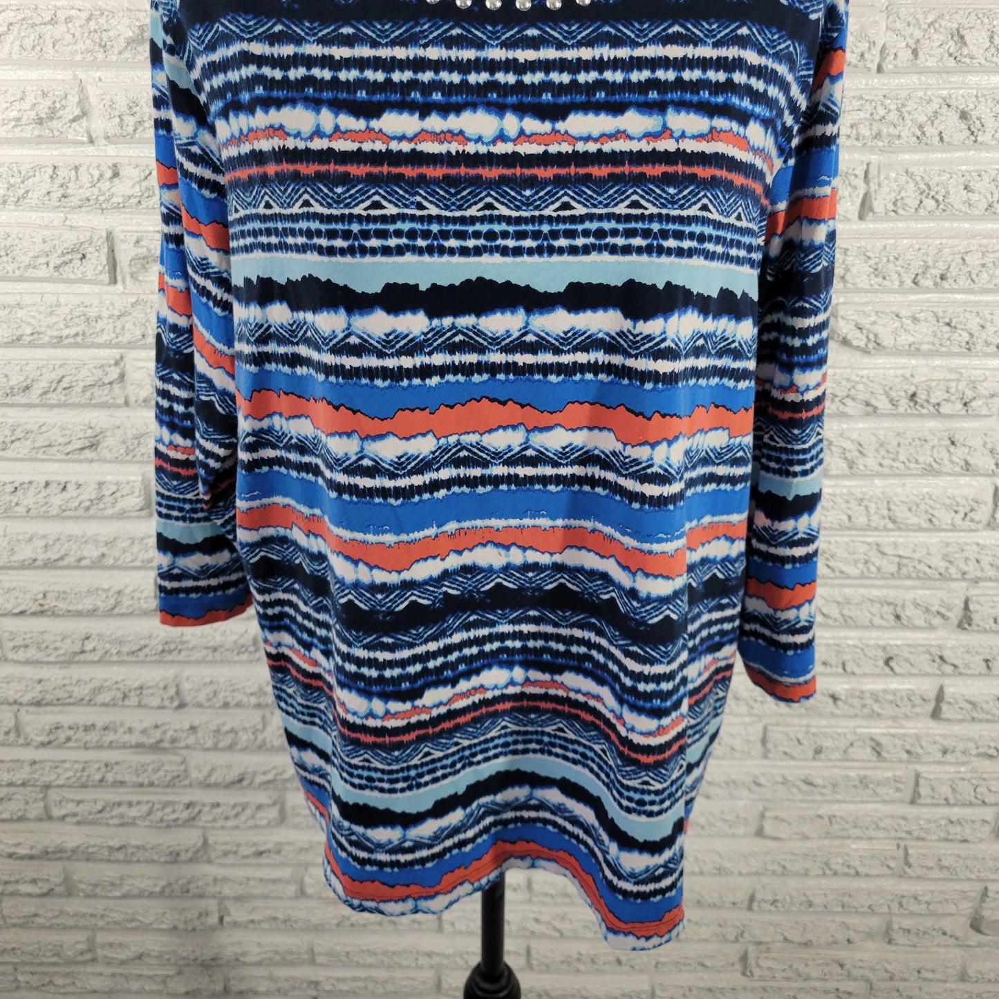 Ruby Rd Women's Tee 1X Blue Red Striped Studded 3/4 Sleeve Plus STR203E