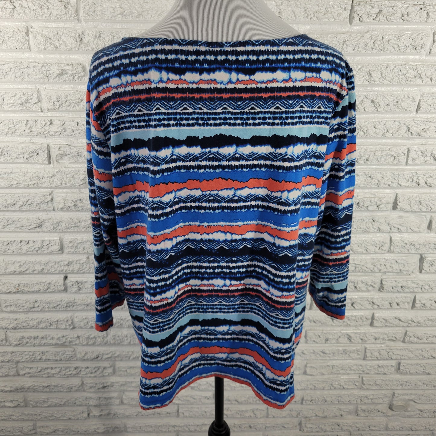 Ruby Rd Women's Tee 1X Blue Red Striped Studded 3/4 Sleeve Plus STR203E