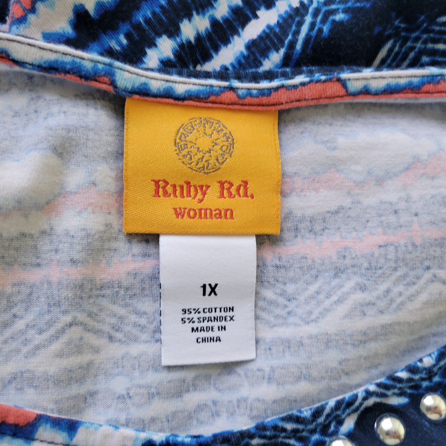 Ruby Rd Women's Tee 1X Blue Red Striped Studded 3/4 Sleeve Plus STR203E