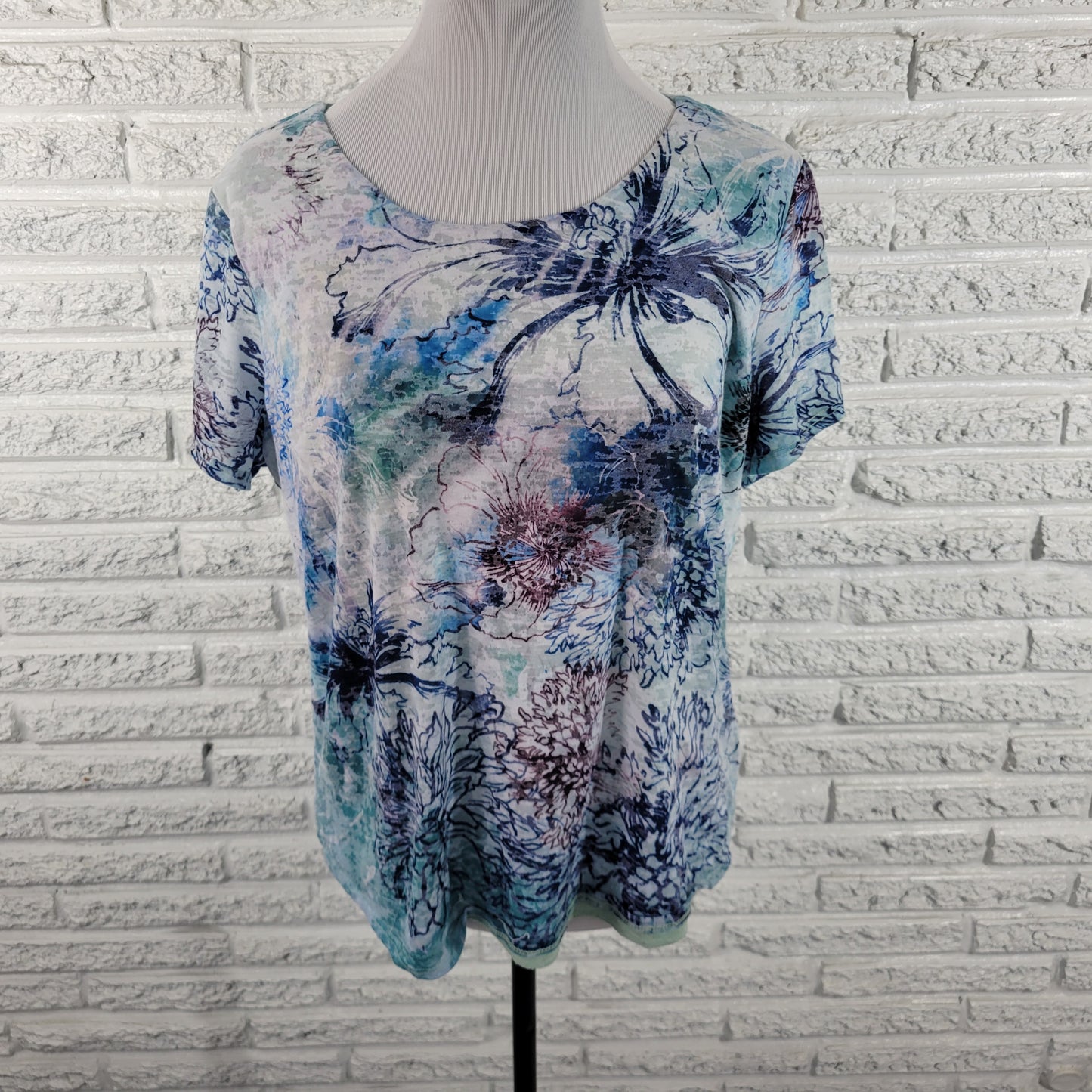 Coldwater Creek Floral Tee PXL Short Sleeve Multi-Color Lined Stretch FLO154E