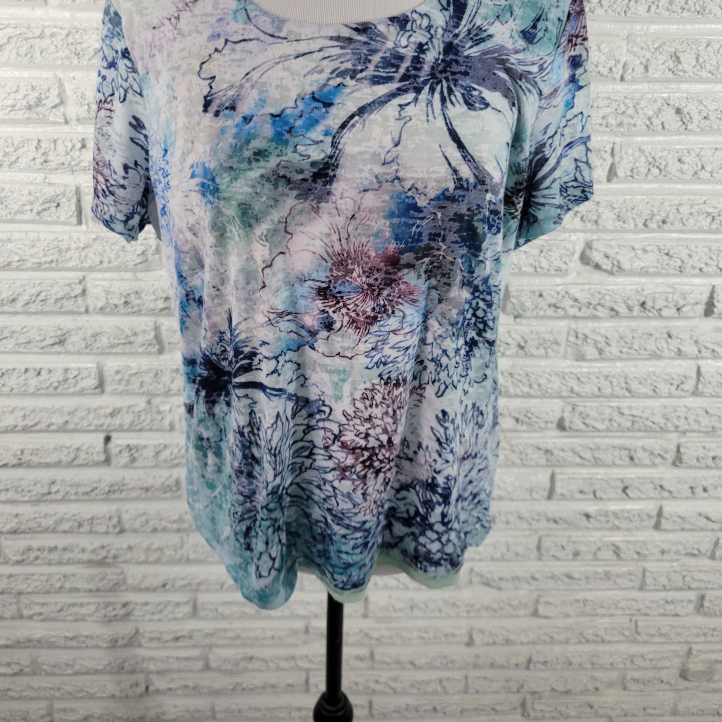 Coldwater Creek Floral Tee PXL Short Sleeve Multi-Color Lined Stretch FLO154E