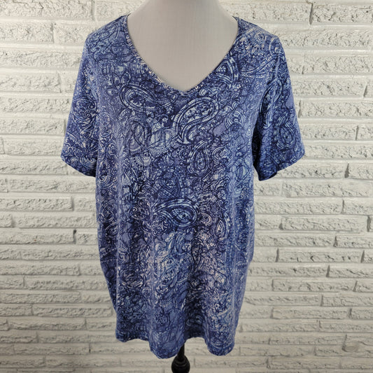 Catherines Women's Tee 0X Blue Paisley V-Neck Short Sleeve Plus Size PAI58E