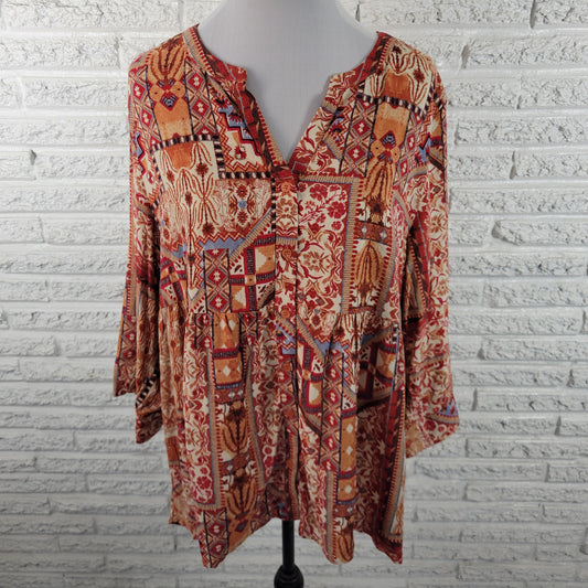 Jones New York Women's Top 1X Red Orange Geometric 3/4 Roll Tab Sleeve GEO89E