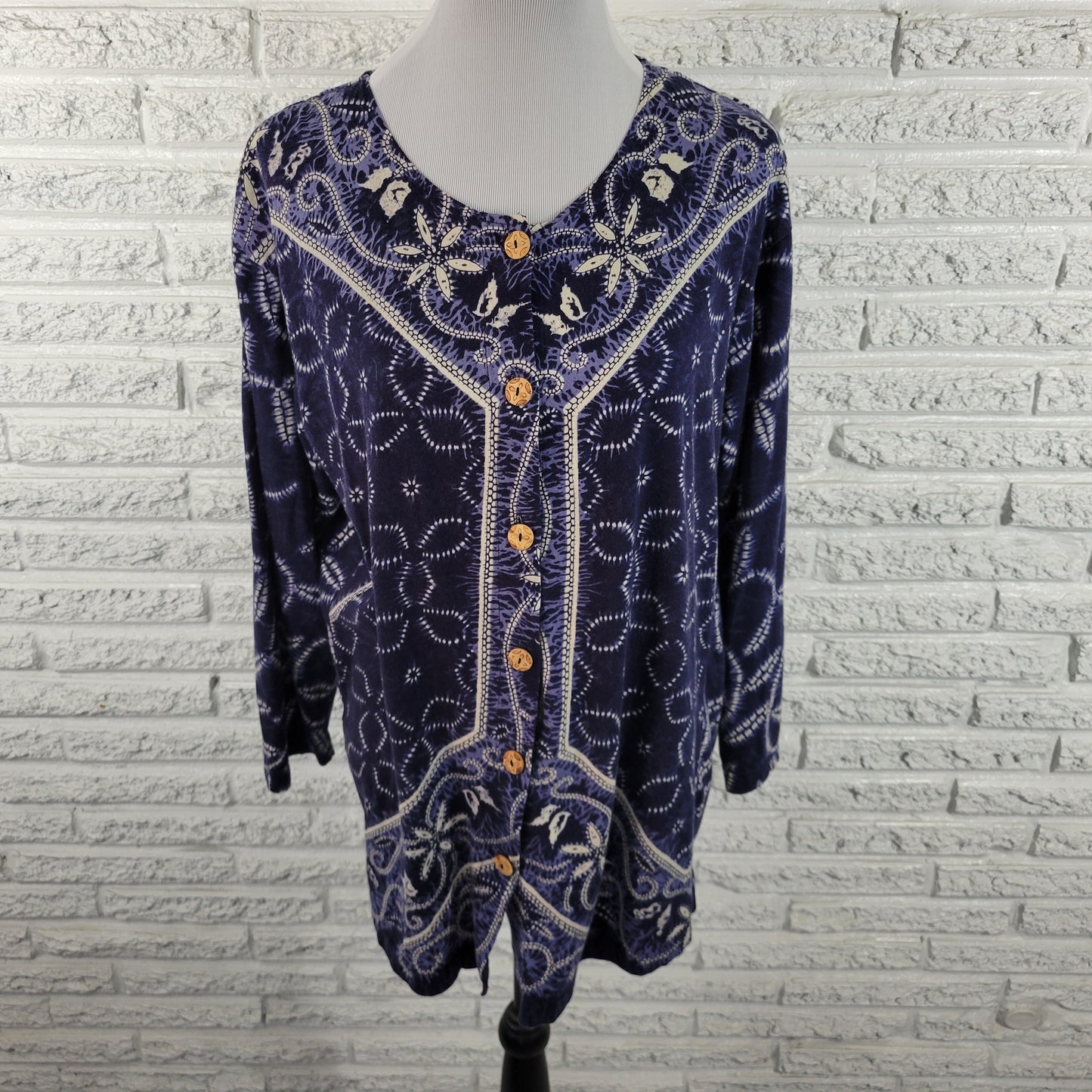 Carole Little Womens Top 1X Blue Geometric 100% Cotton Button Up Plus GEO17E