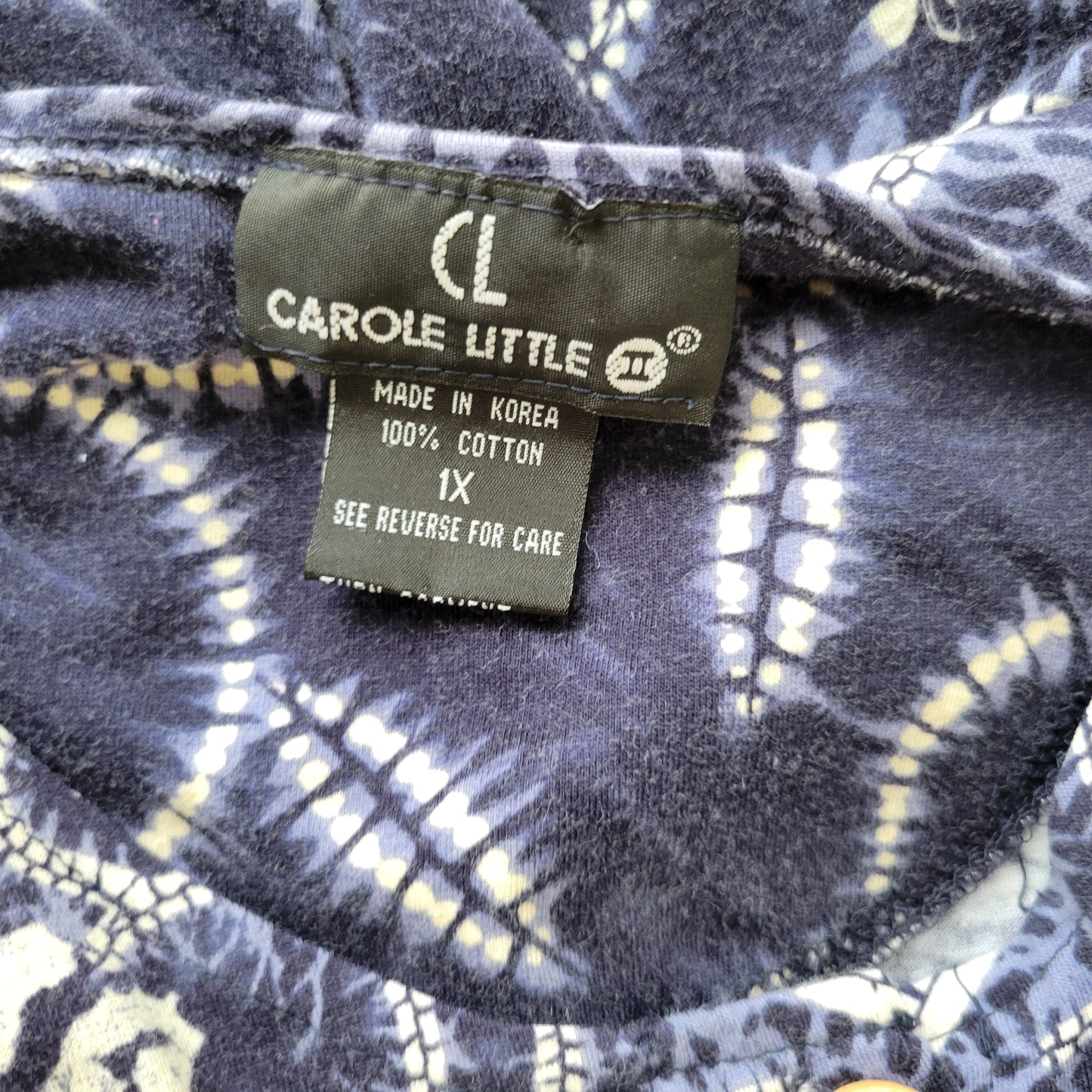 Carole Little Womens Top 1X Blue Geometric 100% Cotton Button Up Plus GEO17E