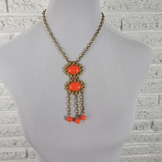 Vintage 60s Gold Tone Boho Tassel Pendant Necklace Burnt Orange Statement N26E