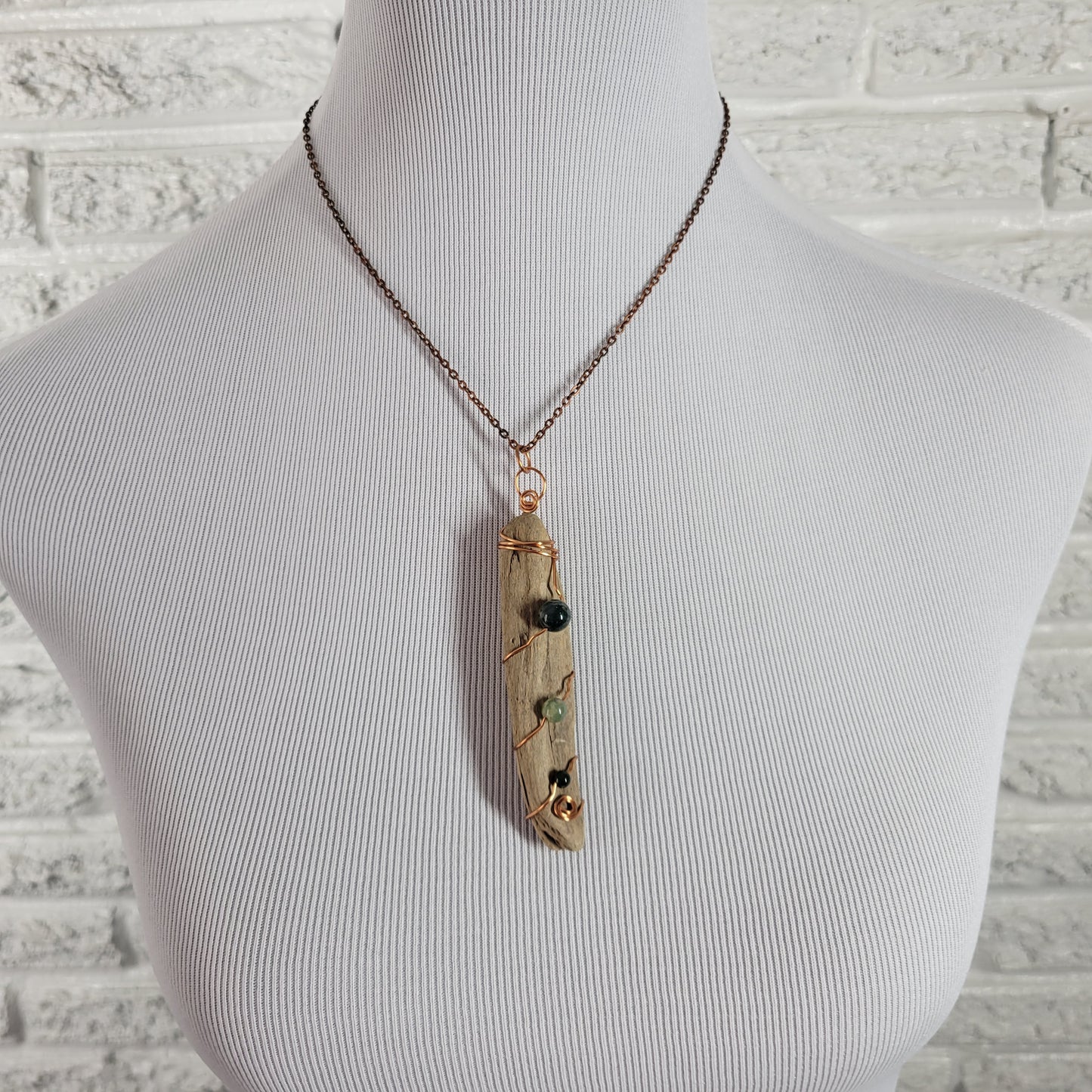 Wire Wrapped Driftwood Pendant Necklace Copper Moss Green Stone Boho 18 in N24E