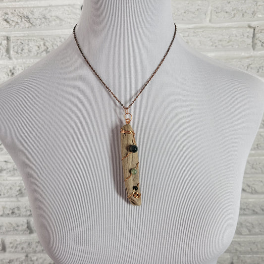 Wire Wrapped Driftwood Pendant Necklace Copper Moss Green Stone Boho 18 in N24E