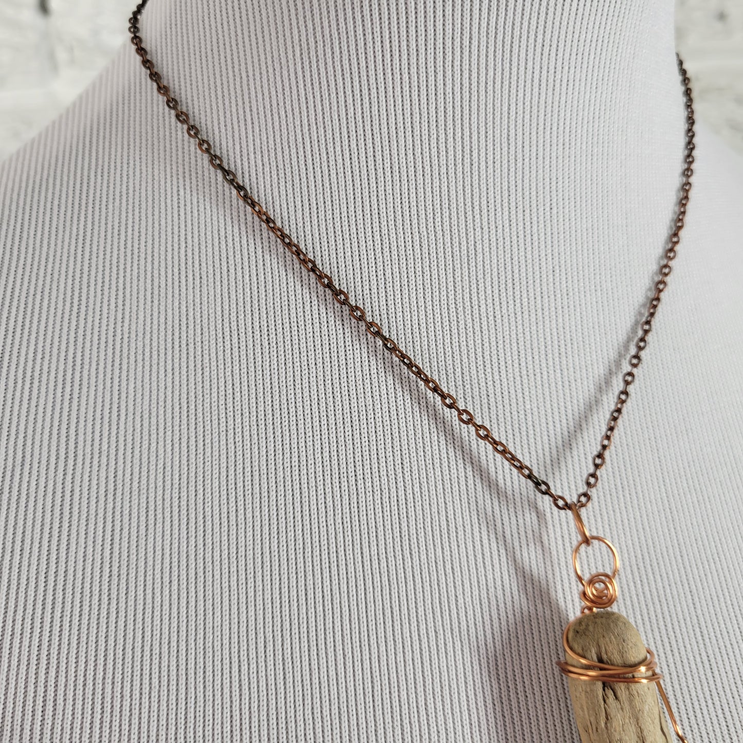 Wire Wrapped Driftwood Pendant Necklace Copper Moss Green Stone Boho 18 in N24E