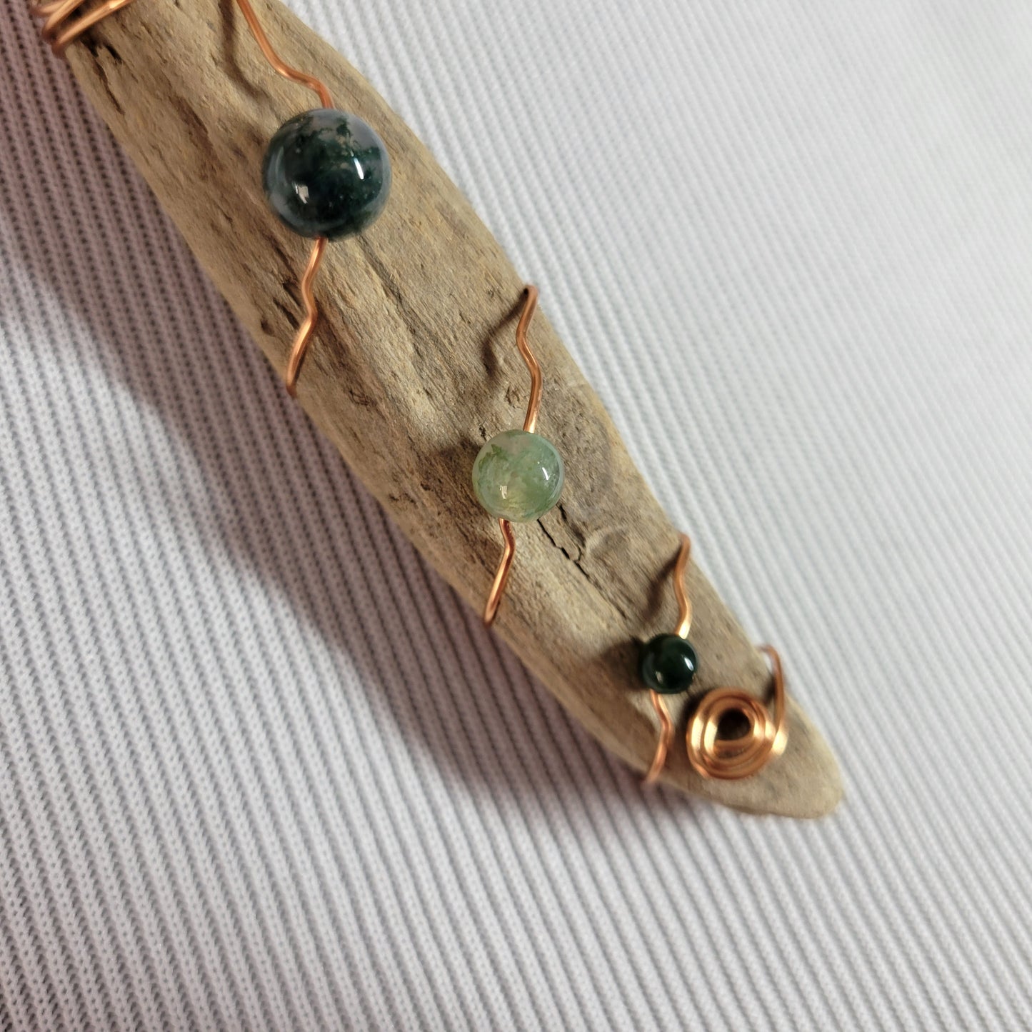 Wire Wrapped Driftwood Pendant Necklace Copper Moss Green Stone Boho 18 in N24E