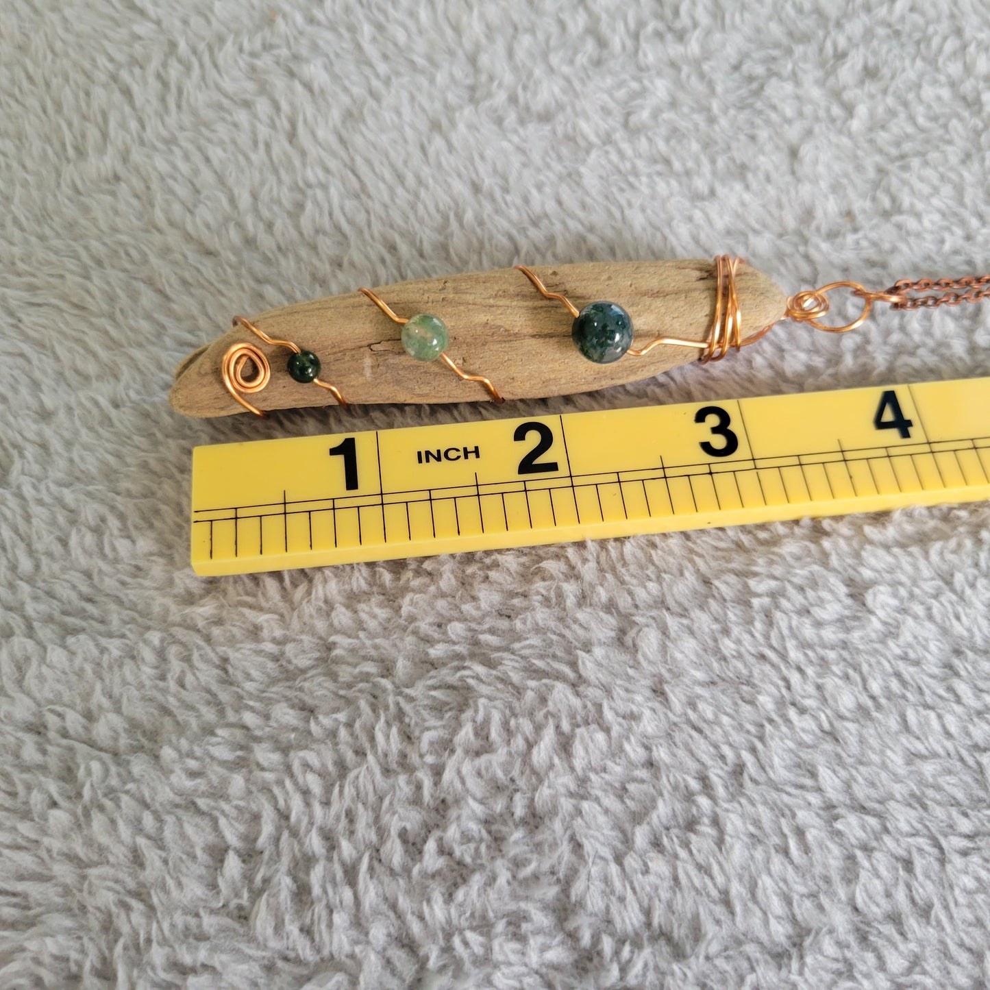 Wire Wrapped Driftwood Pendant Necklace Copper Moss Green Stone Boho 18 in N24E