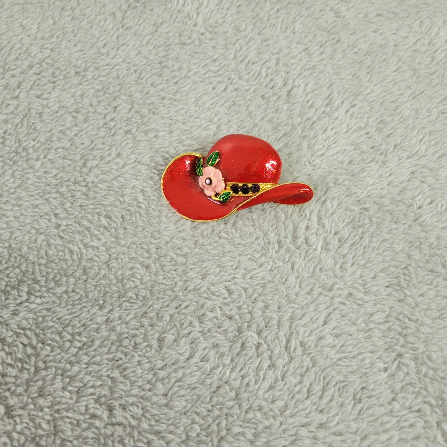 Vintage Red Hat Brooch Enamel Pink Flower Gold Tone Rhinestone Pin 2" P7E