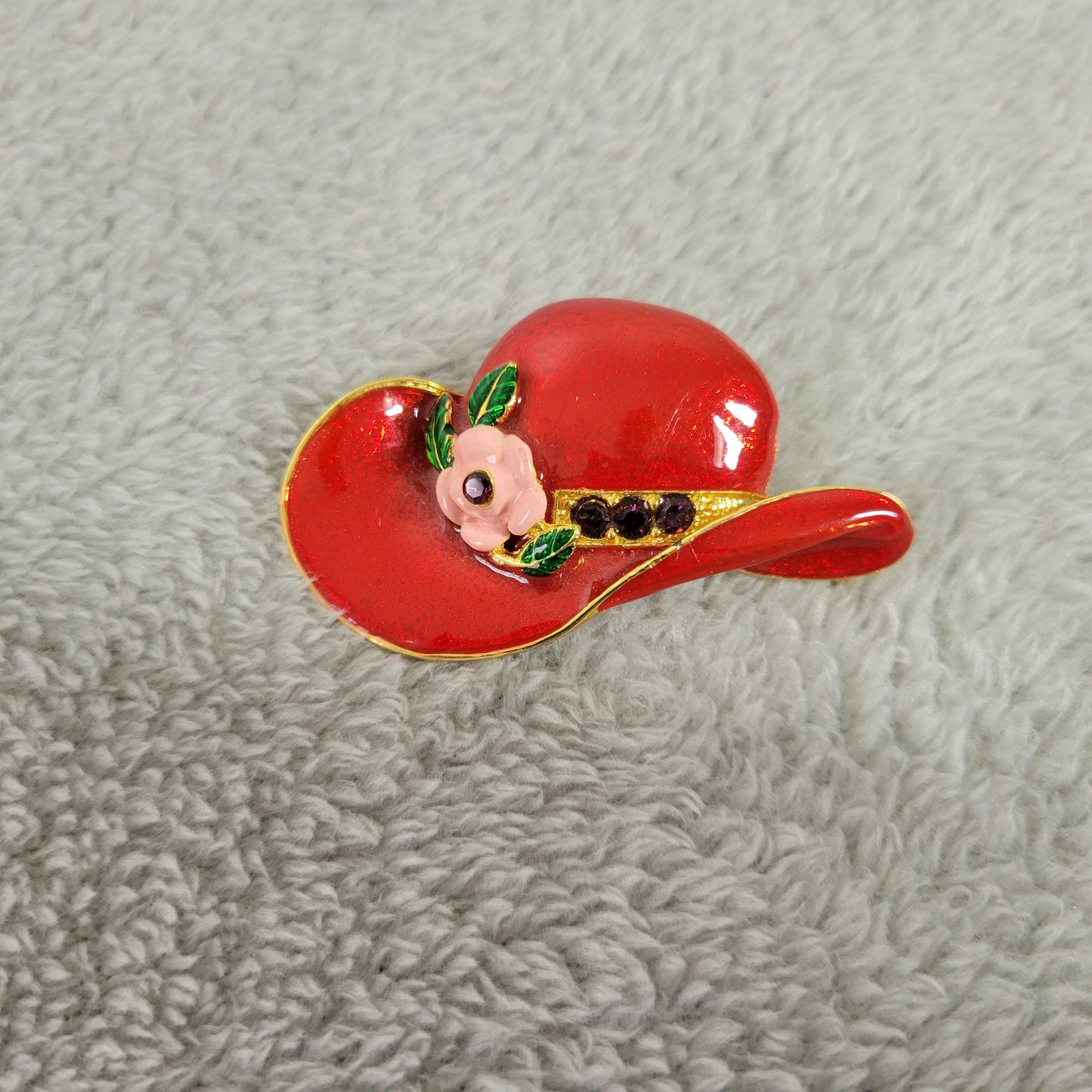 Vintage Red Hat Brooch Enamel Pink Flower Gold Tone Rhinestone Pin 2" P7E