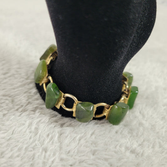 Vintage Gold Tone Green Stones Link Bracelet 7.5" Mid-Century Costume B12E