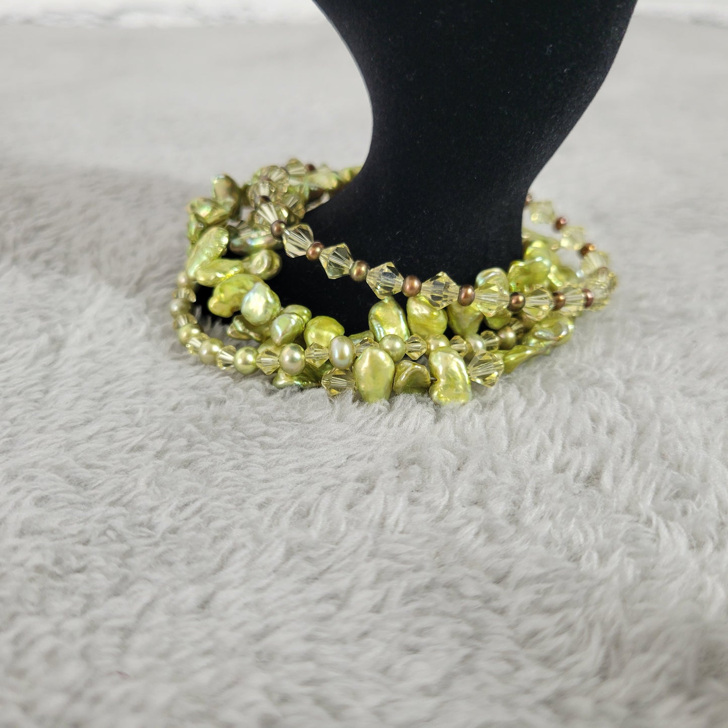 Multi-Strand Green Stones & Crystal Toggle Bracelet 7.5" Boho Statement B11E