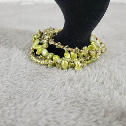 Multi-Strand Green Stones & Crystal Toggle Bracelet 7.5" Boho Statement B11E