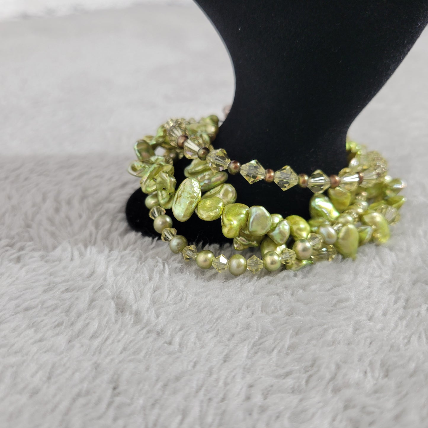 Multi-Strand Green Stones & Crystal Toggle Bracelet 7.5" Boho Statement B11E