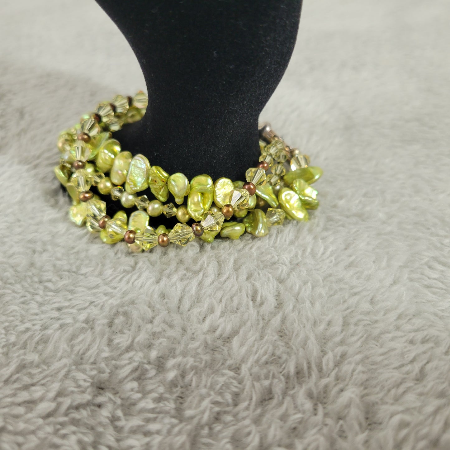 Multi-Strand Green Stones & Crystal Toggle Bracelet 7.5" Boho Statement B11E