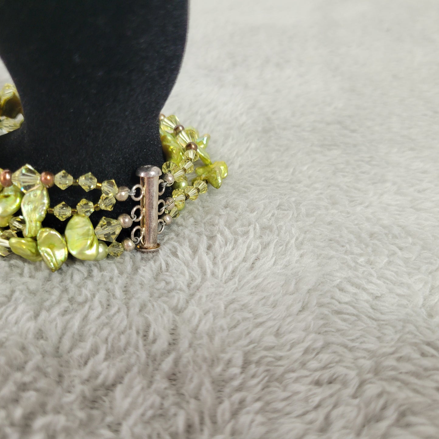 Multi-Strand Green Stones & Crystal Toggle Bracelet 7.5" Boho Statement B11E