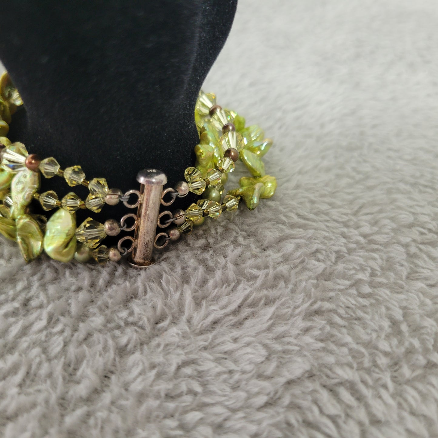 Multi-Strand Green Stones & Crystal Toggle Bracelet 7.5" Boho Statement B11E