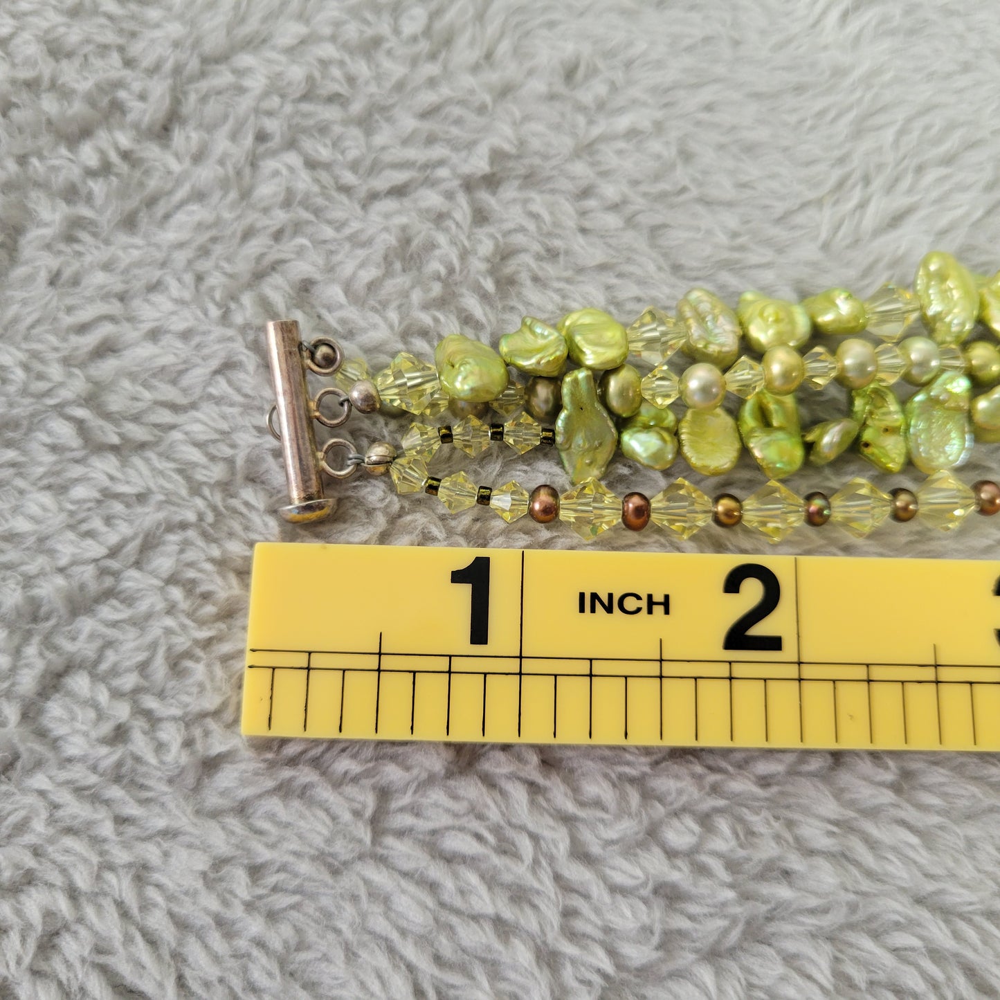 Multi-Strand Green Stones & Crystal Toggle Bracelet 7.5" Boho Statement B11E