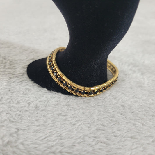 Loren Hope Gold Tone Double Cobra Chain Bracelet Black Crystal Art Deco B17E
