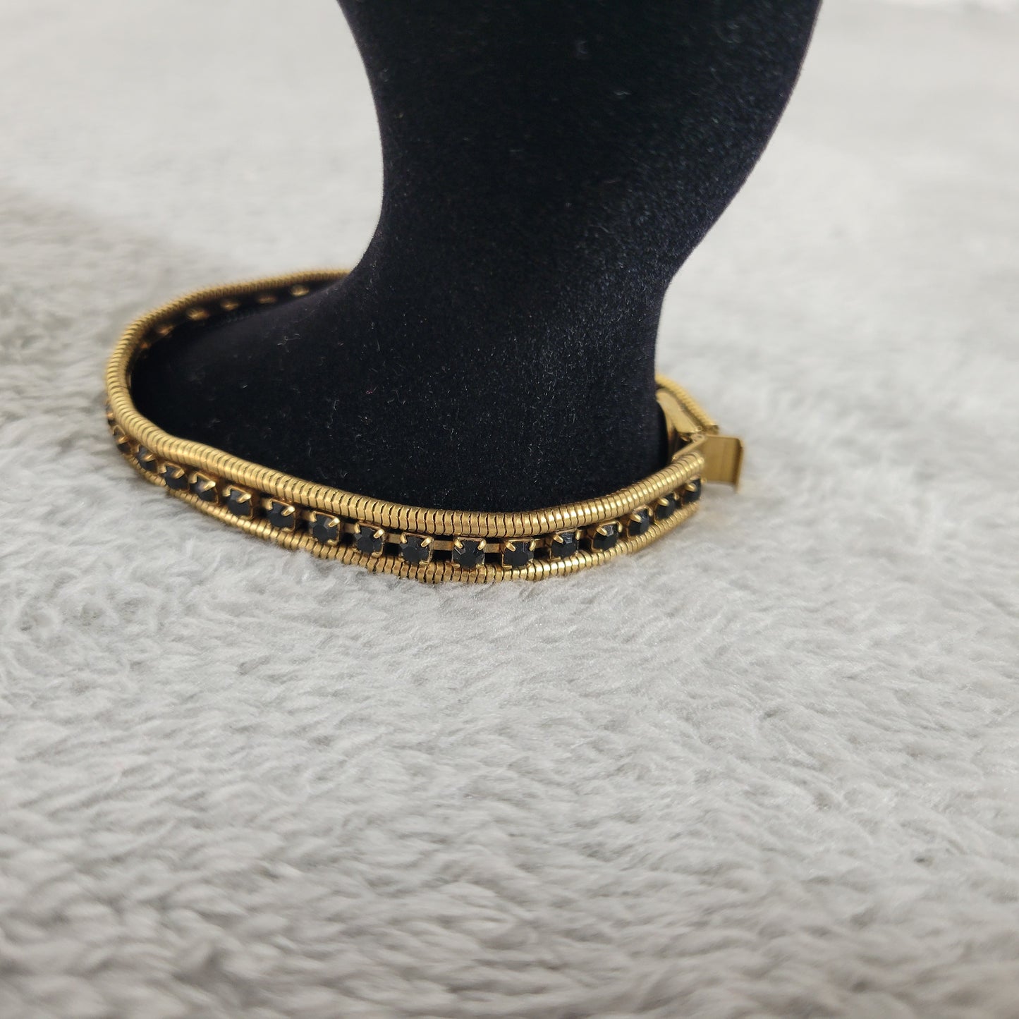 Loren Hope Gold Tone Double Cobra Chain Bracelet Black Crystal Art Deco B17E