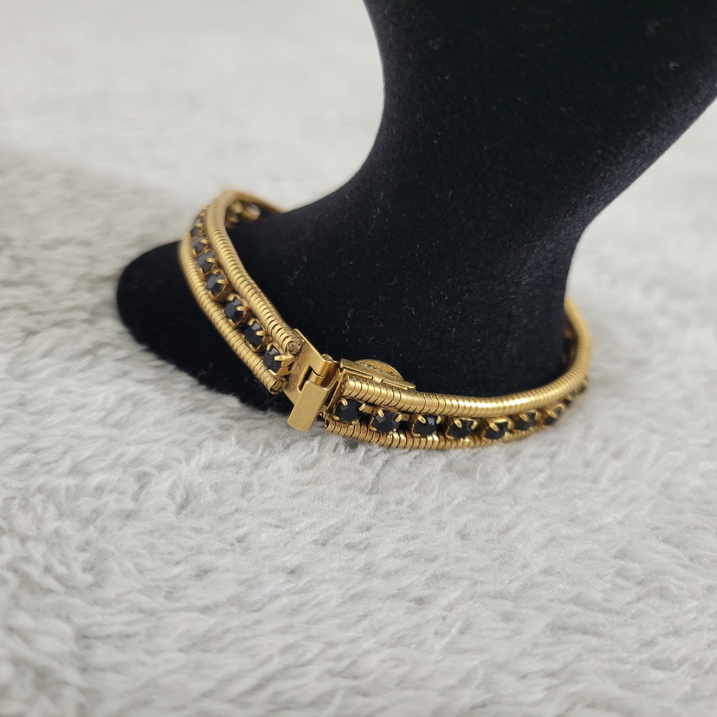Loren Hope Gold Tone Double Cobra Chain Bracelet Black Crystal Art Deco B17E