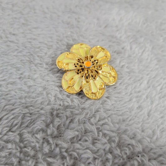 Vintage Style Yellow Enamel Flower Brooch Gold Tone Filigree Floral Pin P8E