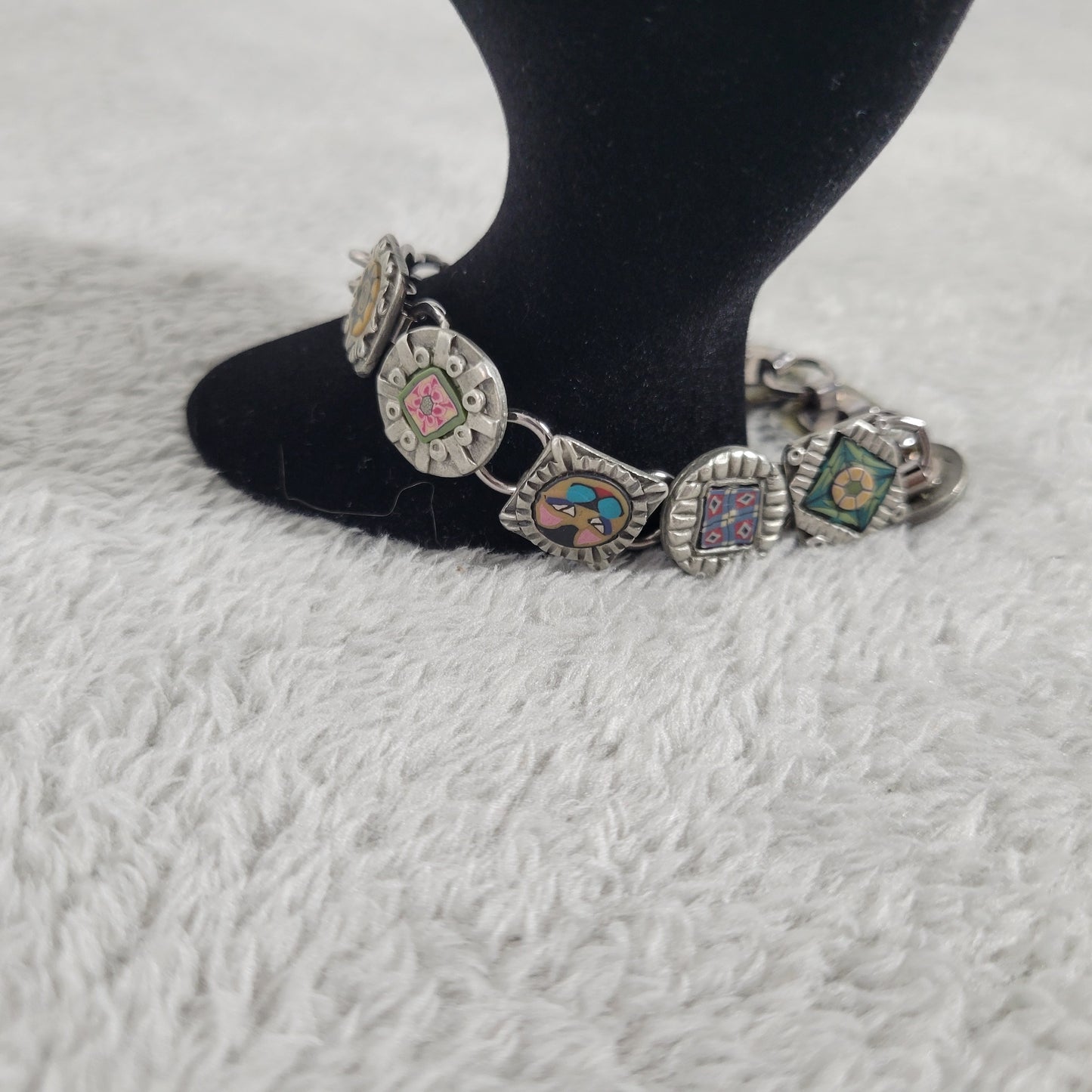 Vintage Artisan Polymer Clay Millefiori Link Bracelet Mixed Media Boho B16E