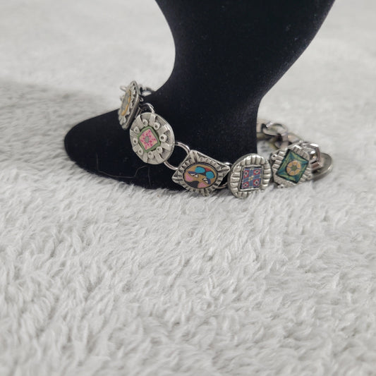 Vintage Artisan Polymer Clay Millefiori Link Bracelet Mixed Media Boho B16E