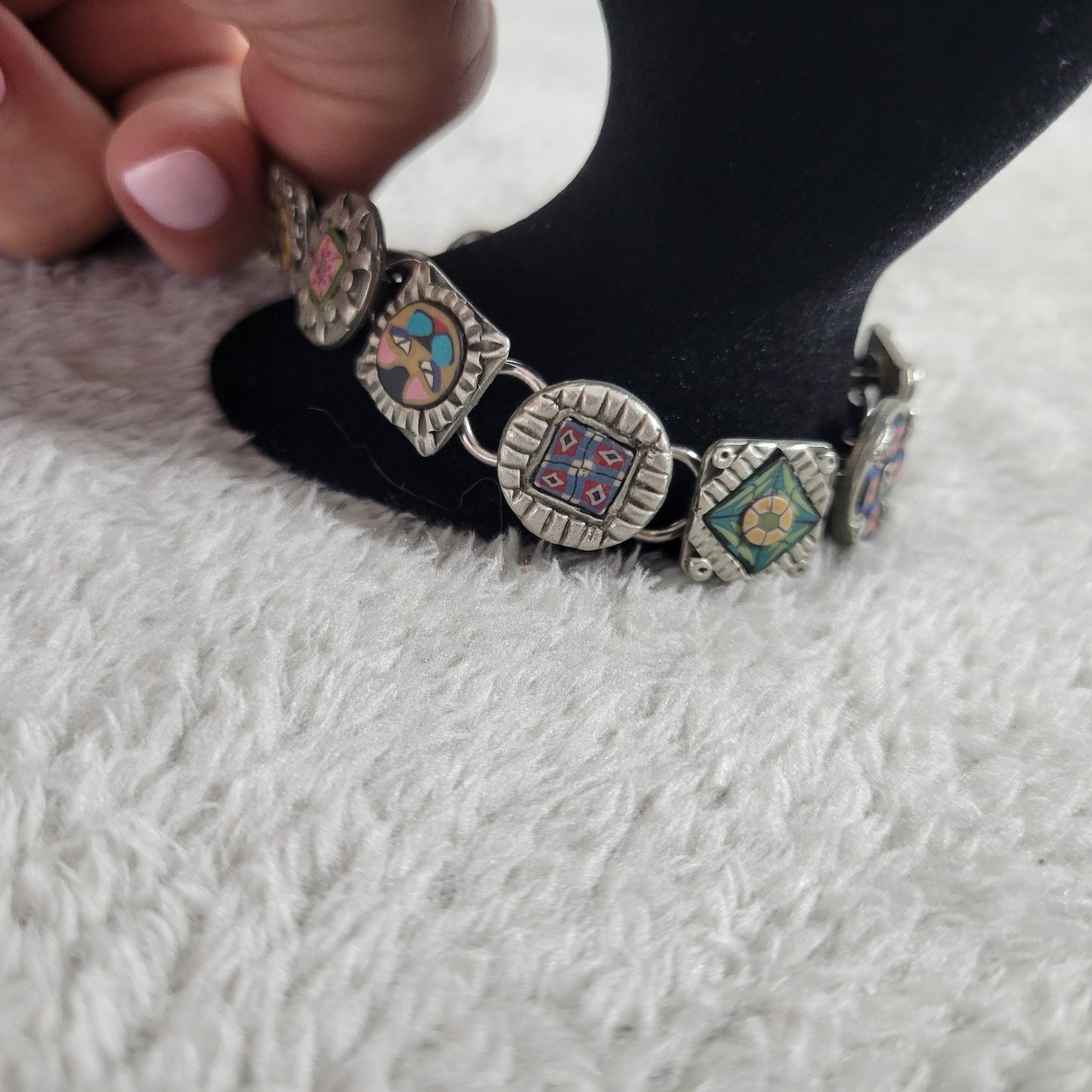 Vintage Artisan Polymer Clay Millefiori Link Bracelet Mixed Media Boho B16E