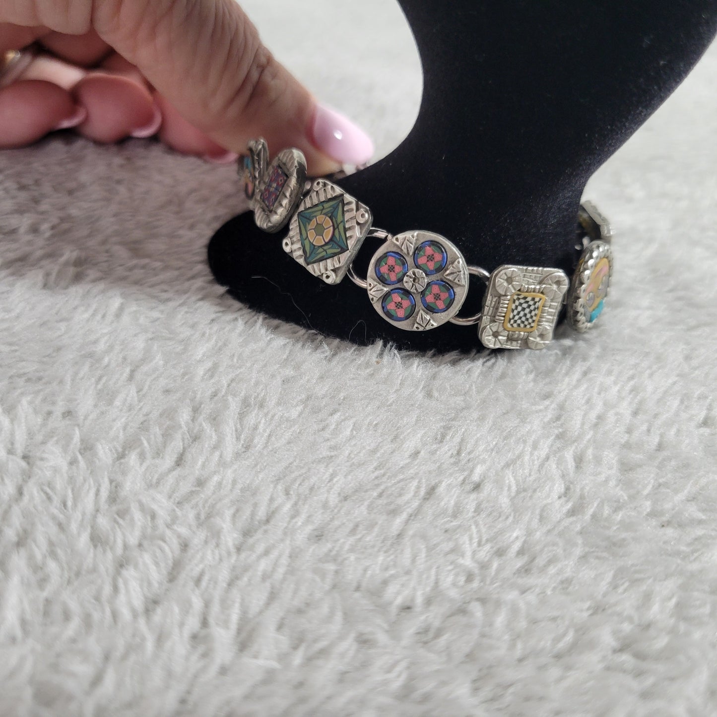 Vintage Artisan Polymer Clay Millefiori Link Bracelet Mixed Media Boho B16E
