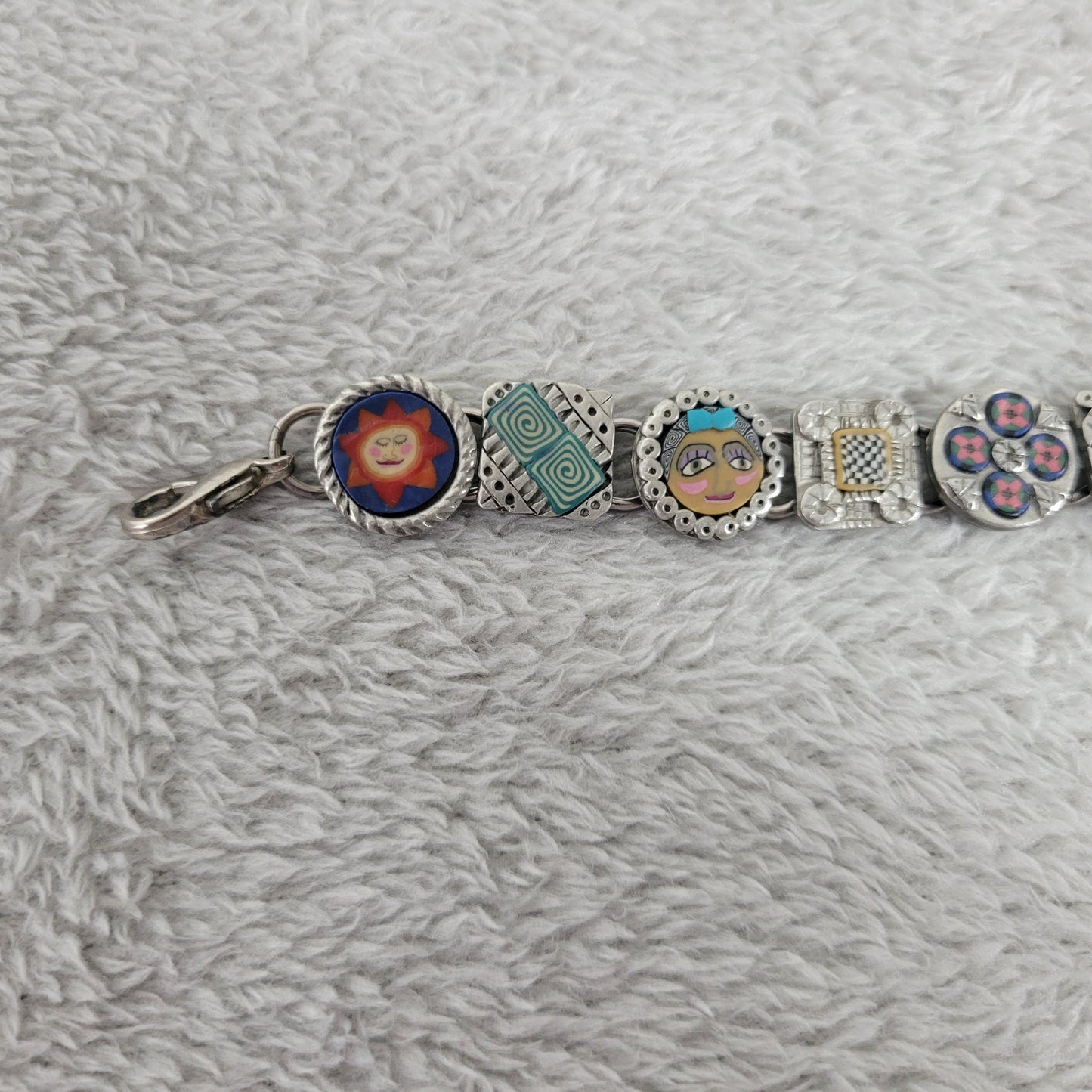 Vintage Artisan Polymer Clay Millefiori Link Bracelet Mixed Media Boho B16E
