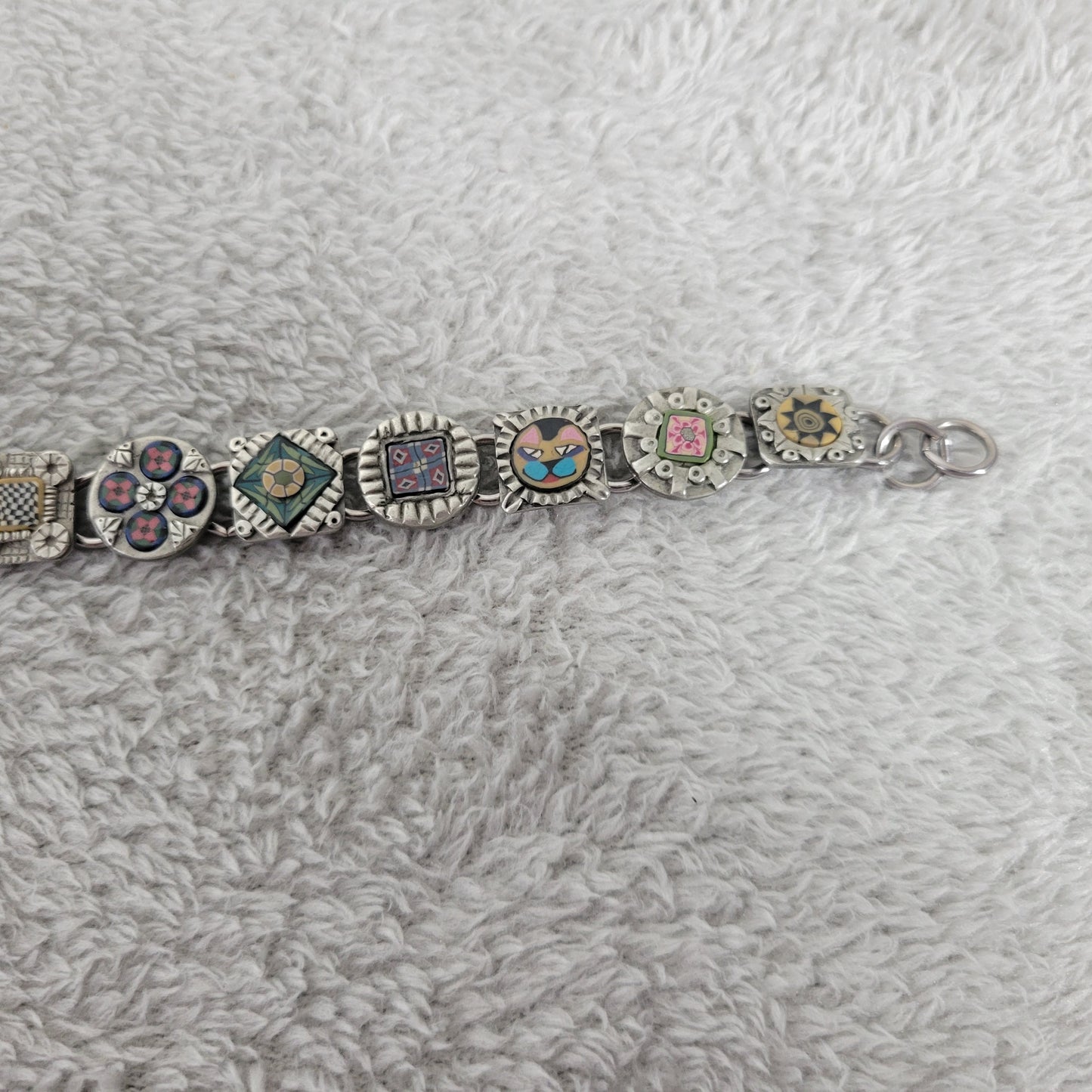 Vintage Artisan Polymer Clay Millefiori Link Bracelet Mixed Media Boho B16E
