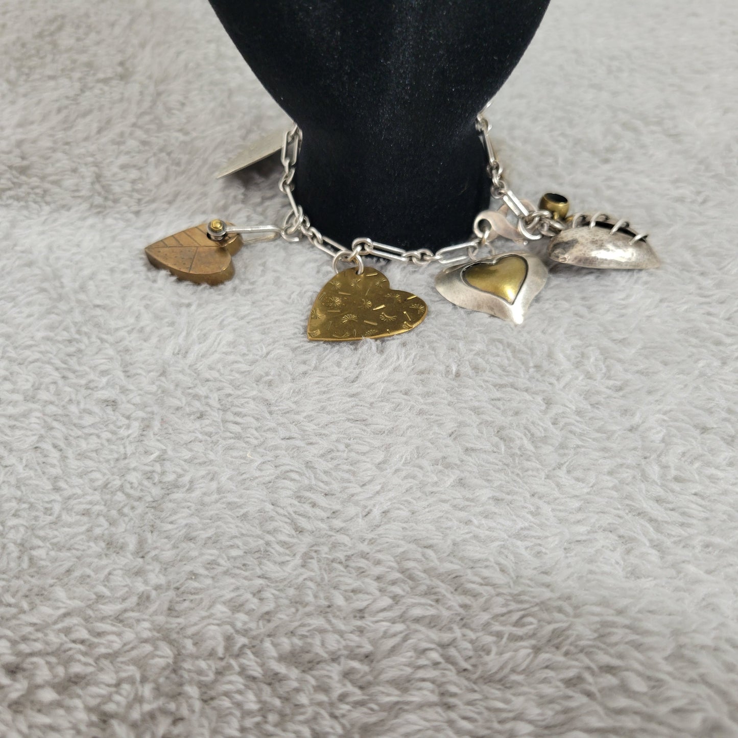 Artisan Mixed Metal Heart Charm Bracelet Sterling Silver Brass Multi-Charm B13E