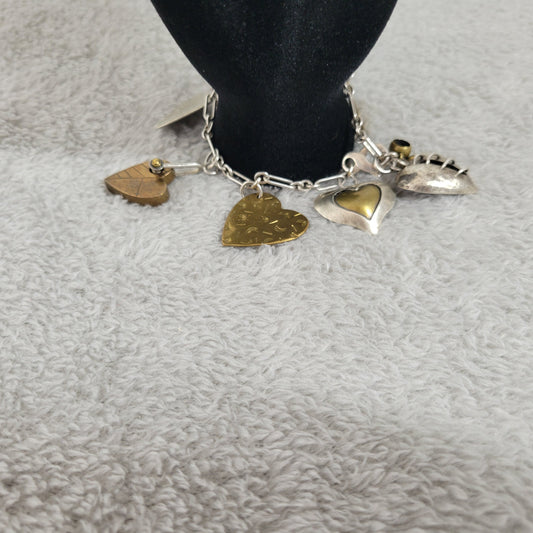 Artisan Mixed Metal Heart Charm Bracelet Sterling Silver Brass Multi-Charm B13E