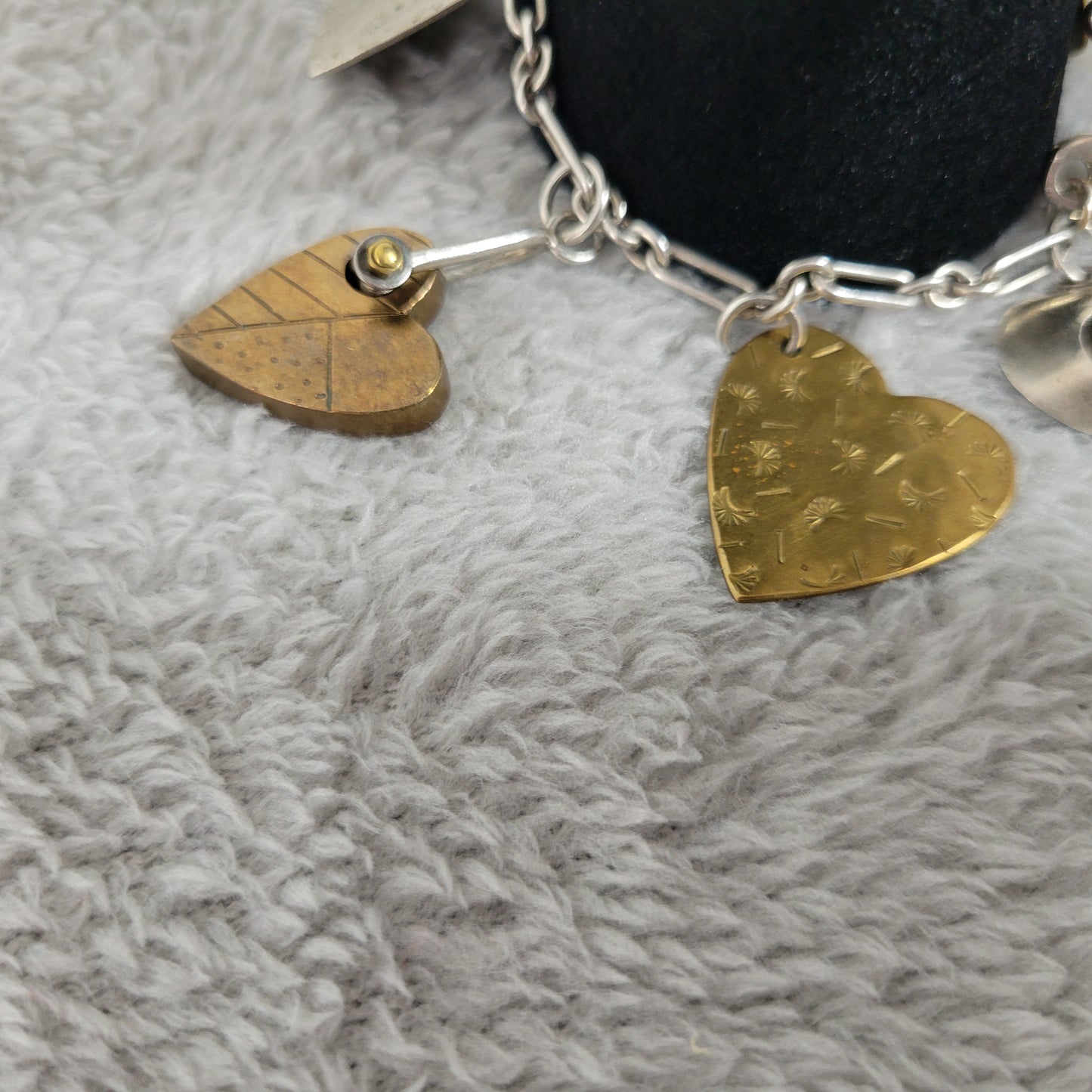 Artisan Mixed Metal Heart Charm Bracelet Sterling Silver Brass Multi-Charm B13E