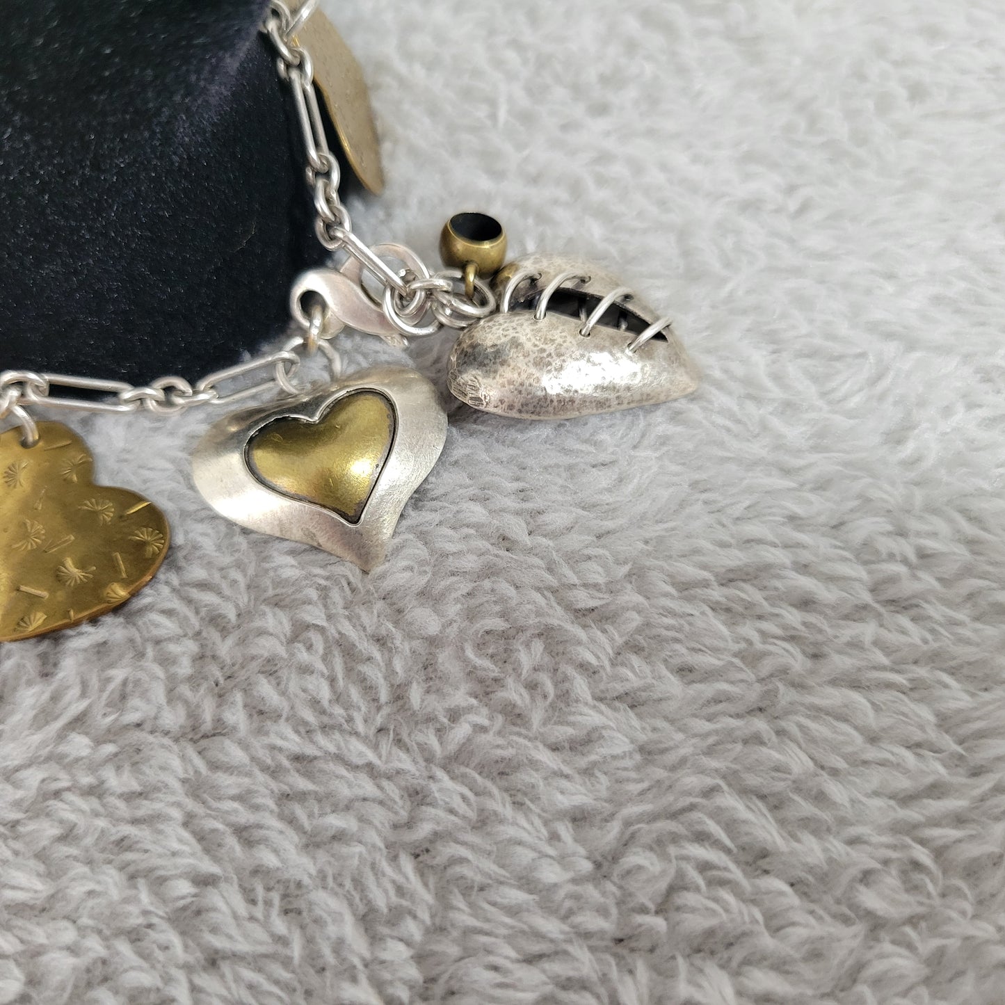 Artisan Mixed Metal Heart Charm Bracelet Sterling Silver Brass Multi-Charm B13E
